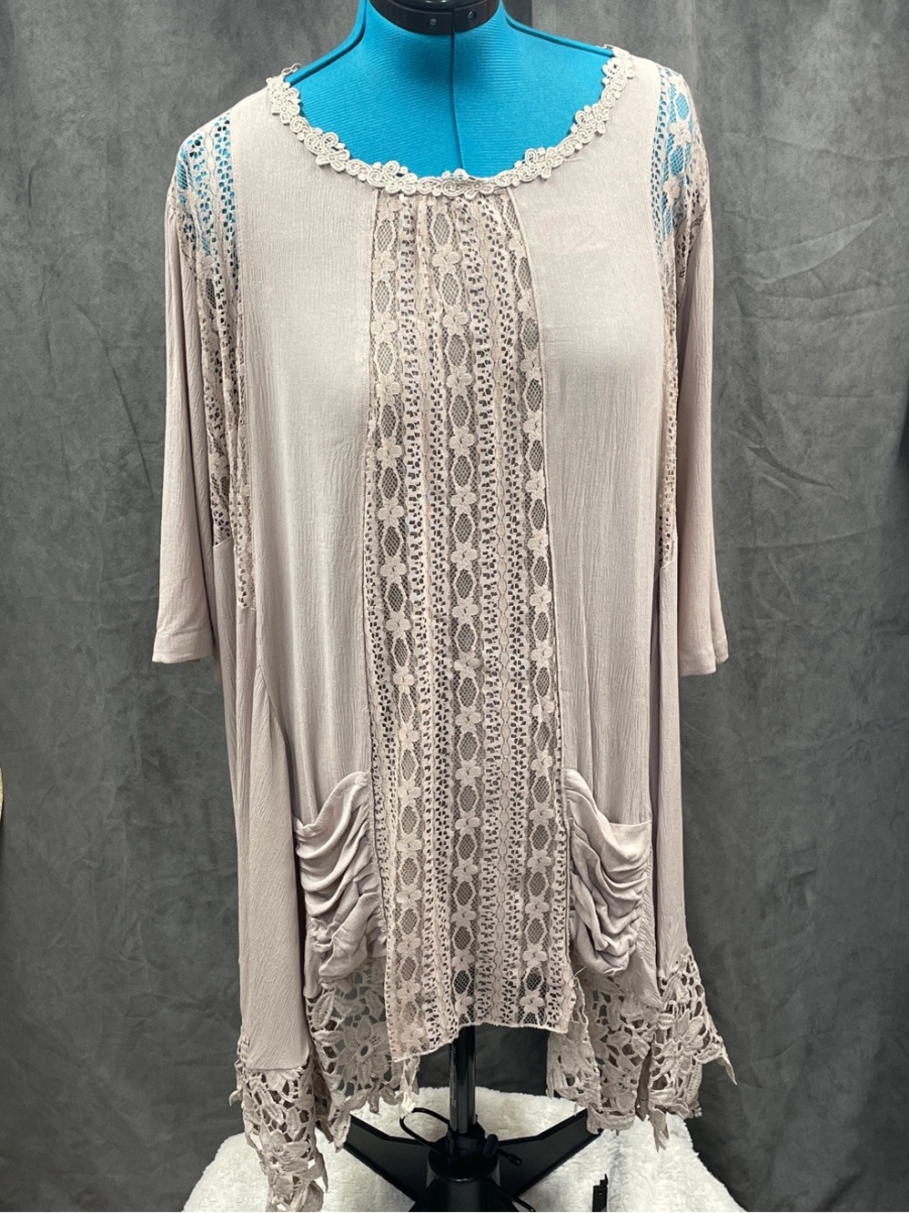 Origami Lace Panel Scoop Neck Tunic Top - Taupe
